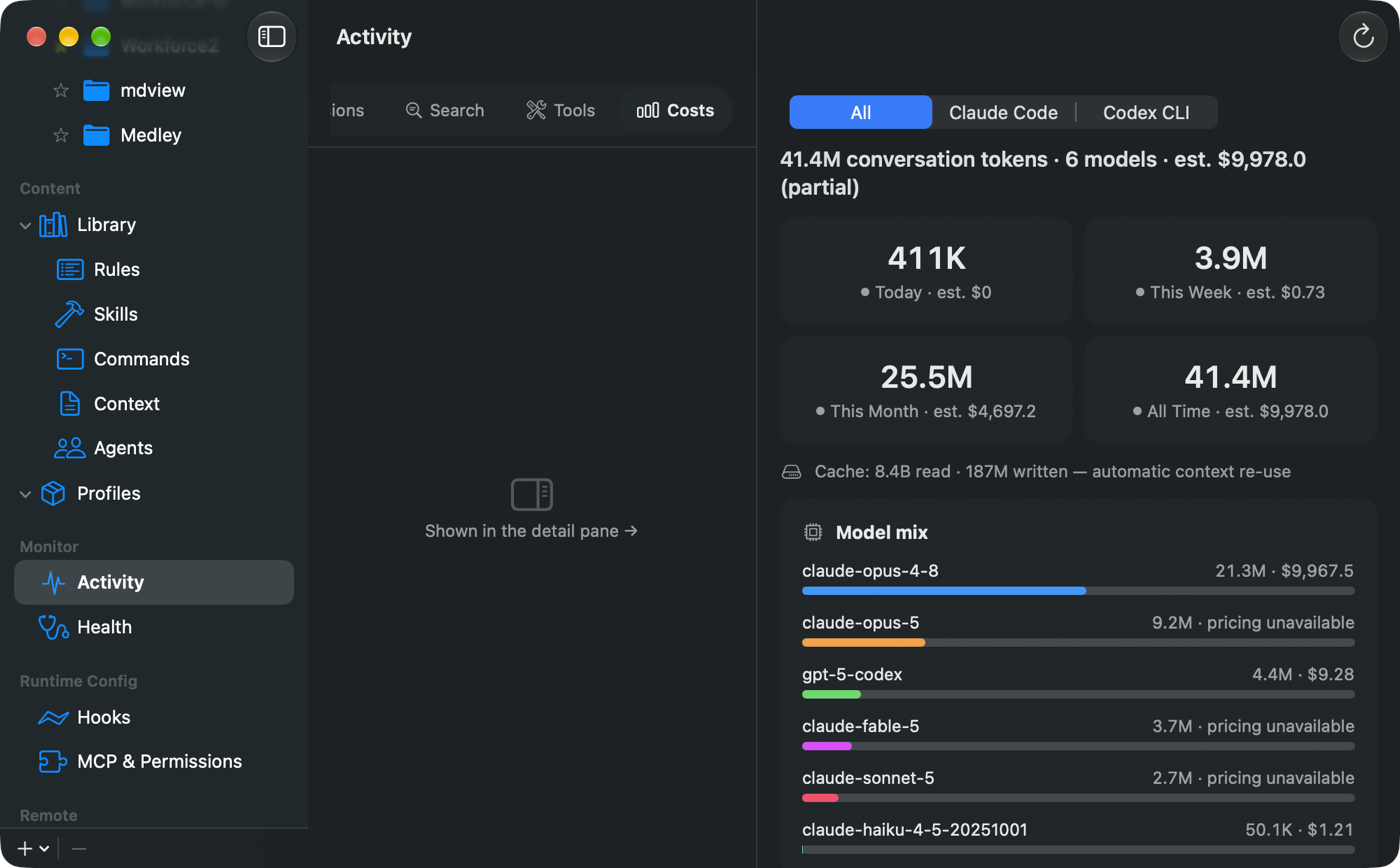 The Costs tab showing conversation tokens and estimated spend for today, this week, this month and all time, a cache read and write summary, and a model mix bar chart broken down by model.