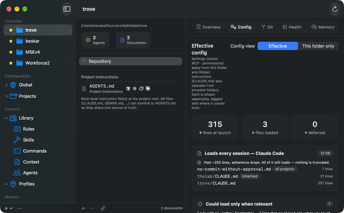 A project's effective configuration, showing 315 lines loaded at launch across 3 files, and a list of the instruction files that load every session with each one's line count and where it was inherited from.