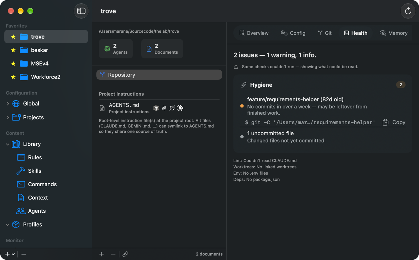 A project's Health tab reporting two issues — a stale feature branch 82 days old with a ready-to-copy git command to delete it, and one uncommitted file — alongside lint, worktree, environment and dependency checks.