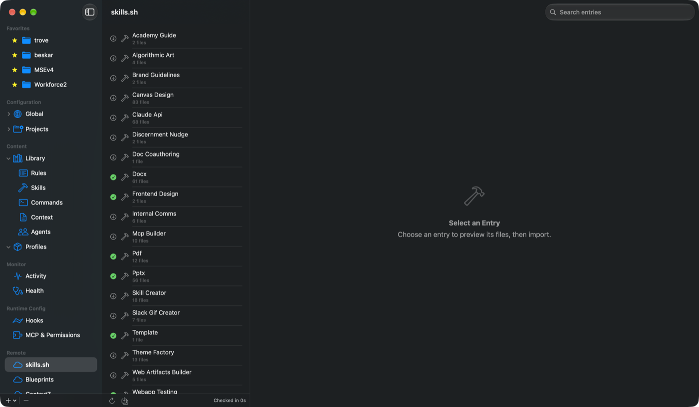 The Agent Configurator window showing a remote source, skills.sh, with a list of available skill entries and their file counts. Each entry shows whether it is already imported or available to download.