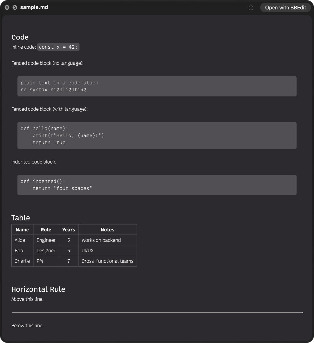A Quick Look preview showing inline code, three styles of code block including a Python function, a bordered three-row table with headers, and a horizontal rule.