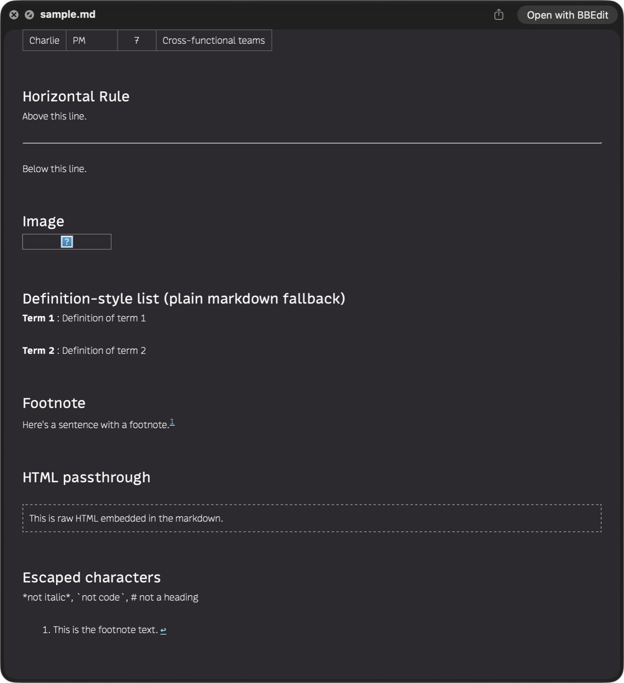 A Quick Look preview showing a horizontal rule, an image placeholder, a definition-style list, a linked footnote reference with its footnote text, an HTML passthrough block, and escaped characters shown literally.