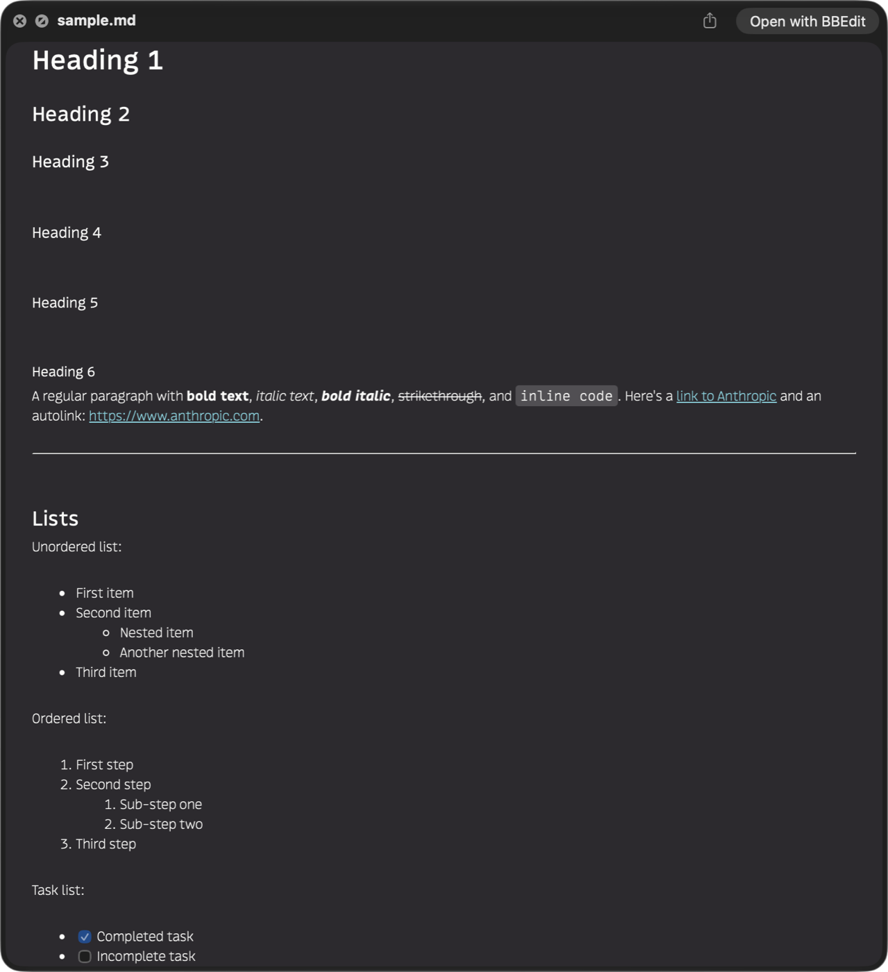 A Quick Look preview of sample.md showing the six heading levels, a paragraph with bold, italic, strikethrough, inline code and links, and nested unordered, ordered and task lists.